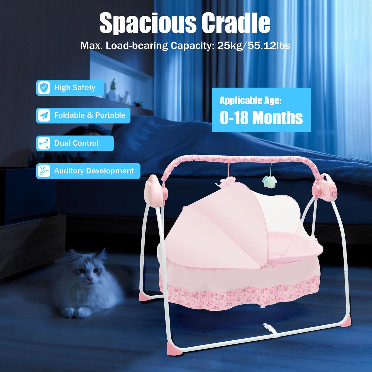 Electric Baby Crib Cradle 0 To 18 Months Foldable Swing Pink Portable
