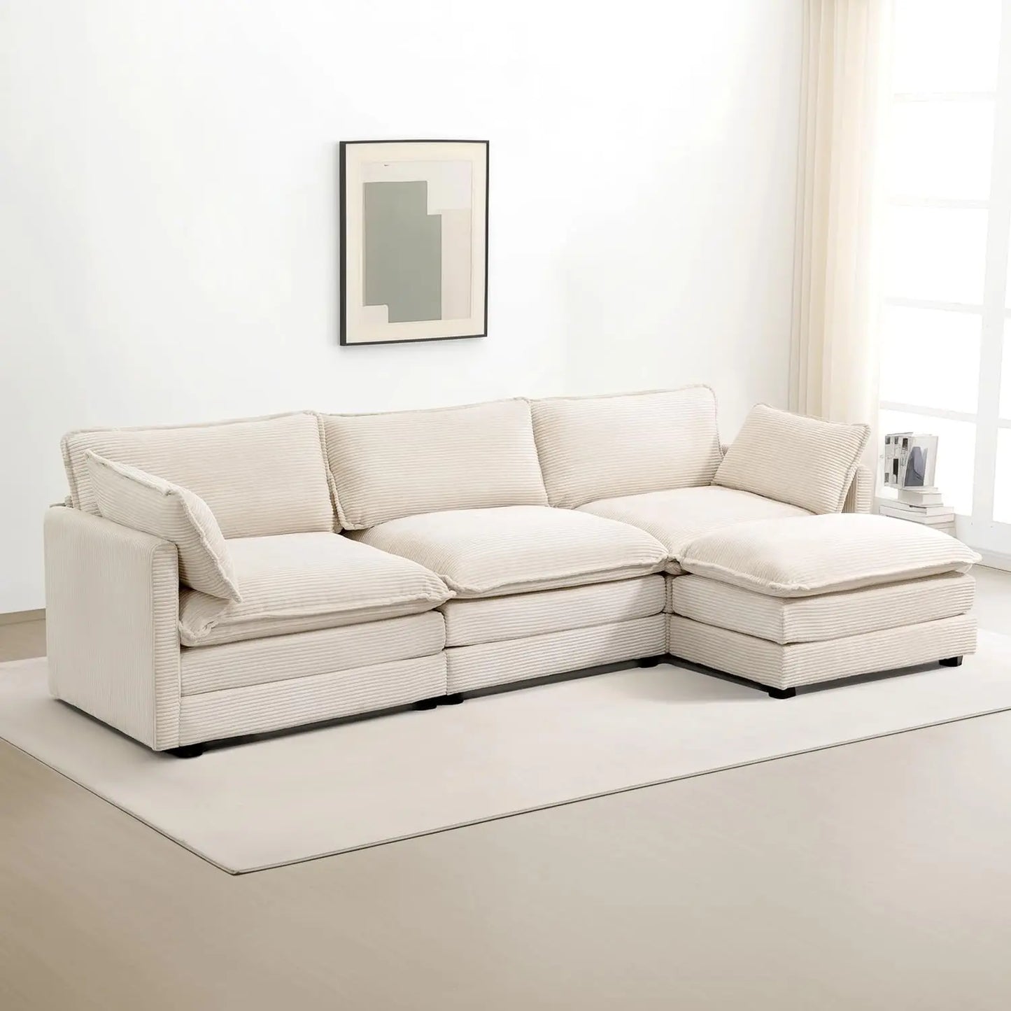 112 Inch 4 Seat Corduroy Sofa Set Convertible L Shaped Beige