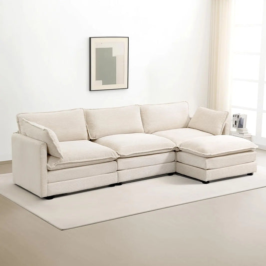112 Inch 4 Seat Corduroy Sofa Set Convertible L Shaped Beige