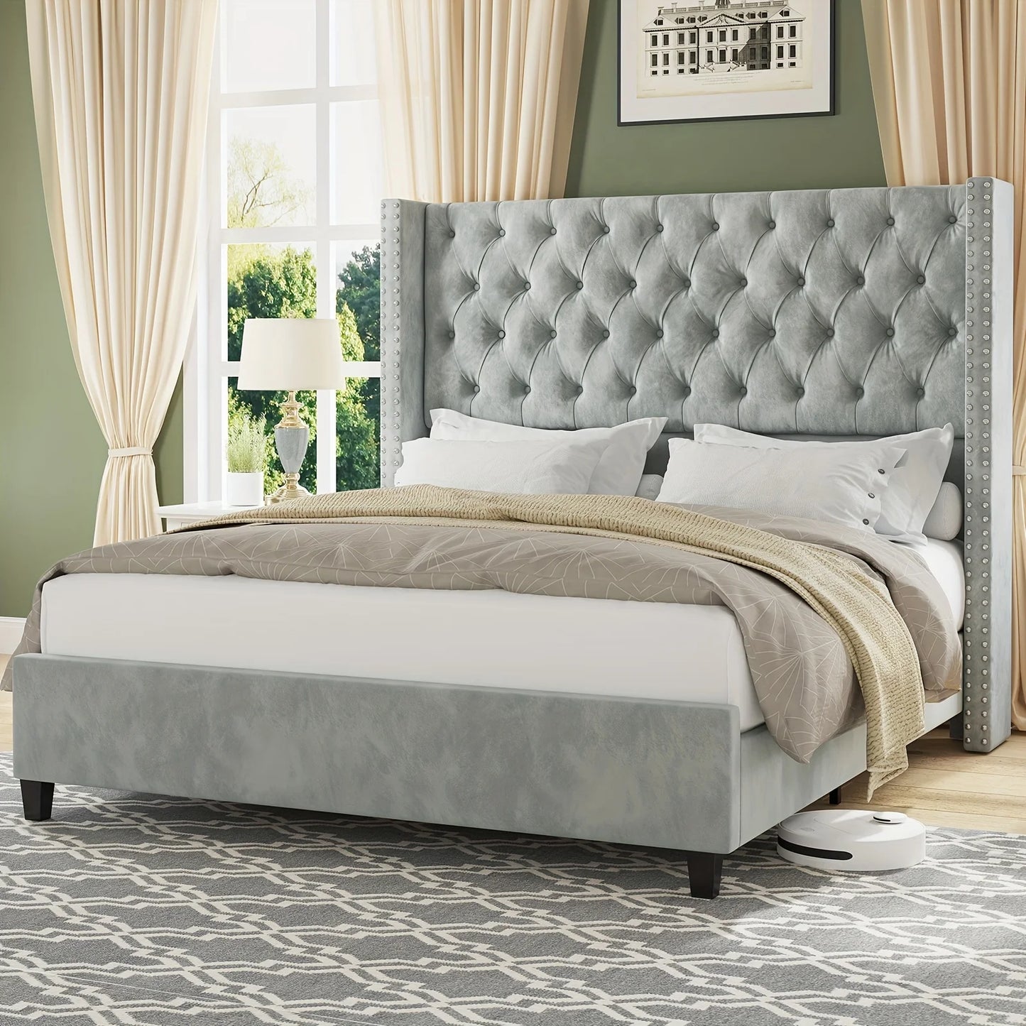 Papajet Velvet Bed Frame With 51.6 Inch Wingback Headboard Nailhead Detailing