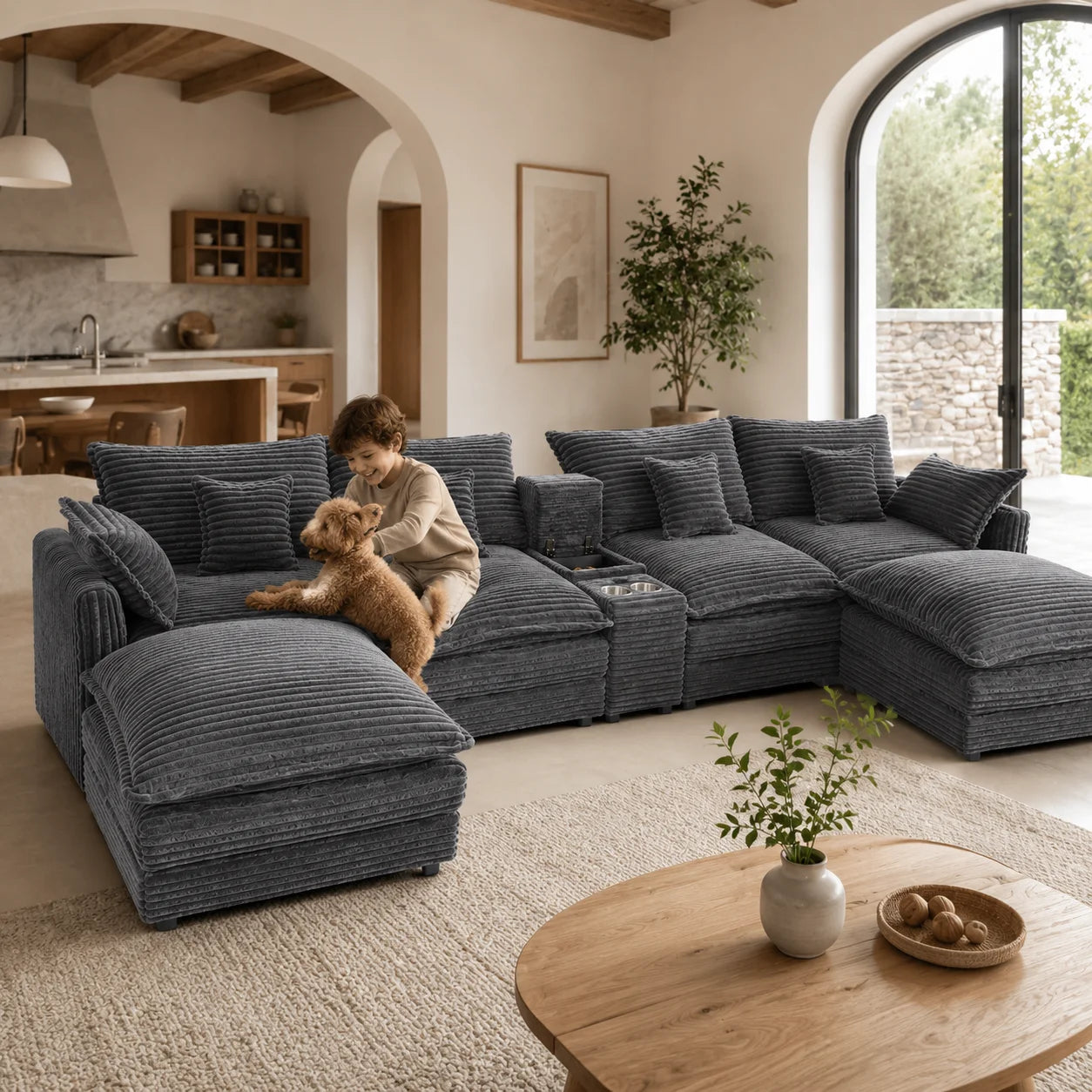 141 Inch 7 Piece U Shaped Sofa Set With Console Coffee Table And Pillows