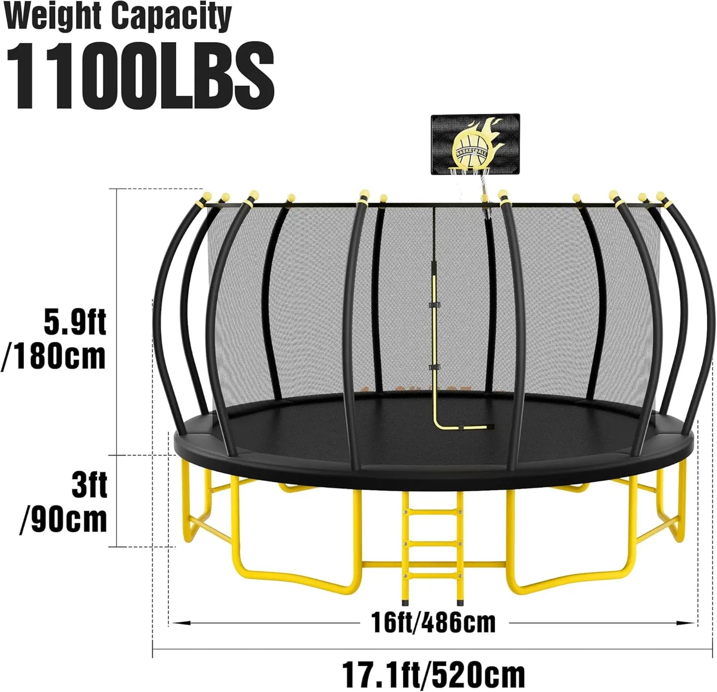 16Ft Round Trampoline With Basketball Hoop For Kids Adults