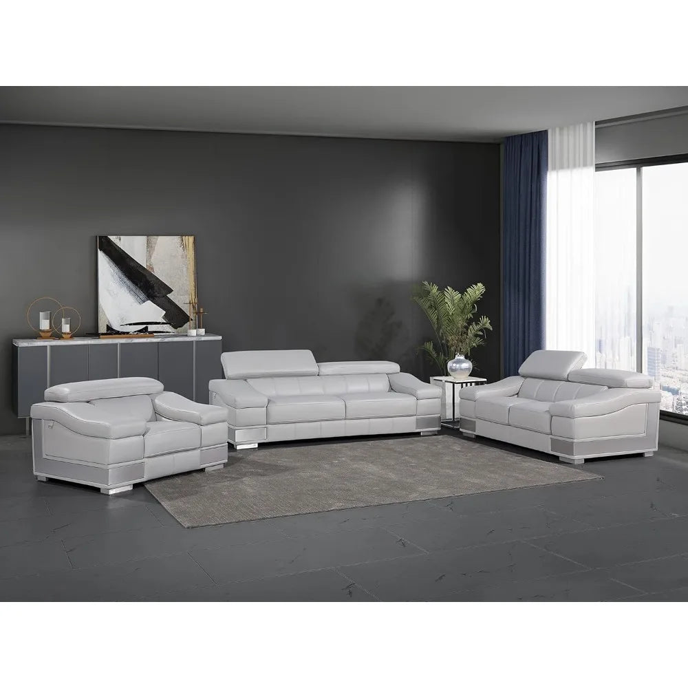 Modern Contemporary Top Grain Italian Leather Living Room Chair, Loveseat, Sofa, 3-Piece Set, Rhino