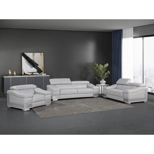 Modern Contemporary Top Grain Italian Leather Living Room Chair, Loveseat, Sofa, 3-Piece Set, Rhino