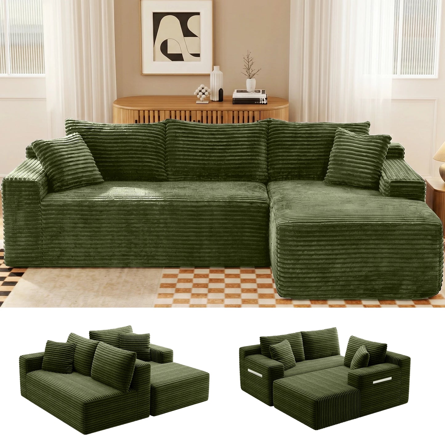 Modern Black Corduroy Modular Sectional Sofa With Deep L Shaped Chaise