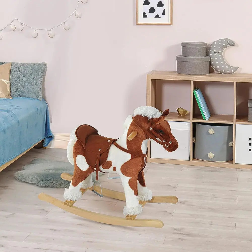 Toddler Ride On Wooden Rocking Horse Plush Seat Nursery Rhyme Music Brown