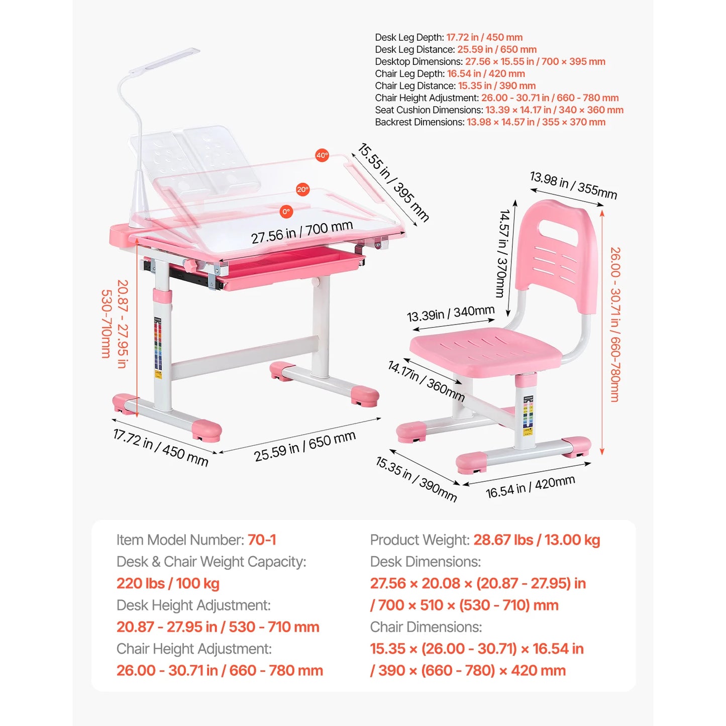 SucceBuy Kids Study Desk And Chair Set With Adjustable Height And Table Lamp