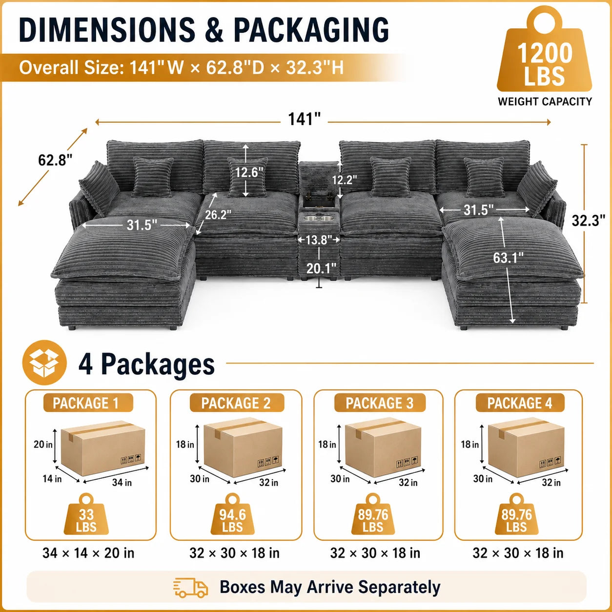 141 Inch 7 Piece U Shaped Sofa Set With Console Coffee Table And Pillows