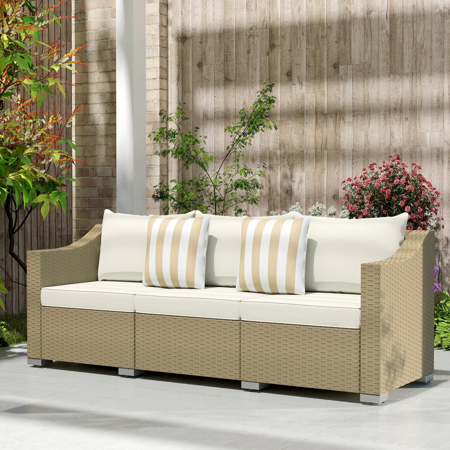 Outsunny 3 Seater Outdoor Rattan Sofa With Cushions Cream White Patio Couch