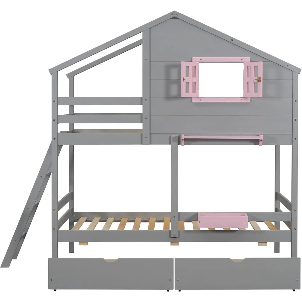 Twin Over Twin Bunk Bed with 2 Drawers, 1 Storage Box, 1 Shelf, Window and Roof, Wood Playhouse Bed Frame for Kids Boys Girls Te