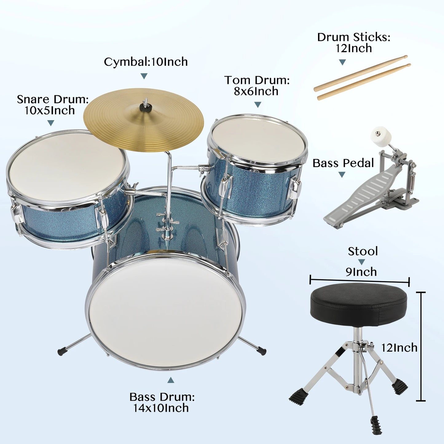 14 By 10 Inches Junior Kids Drum Set 3 Piece With Pedal Sticks Stool