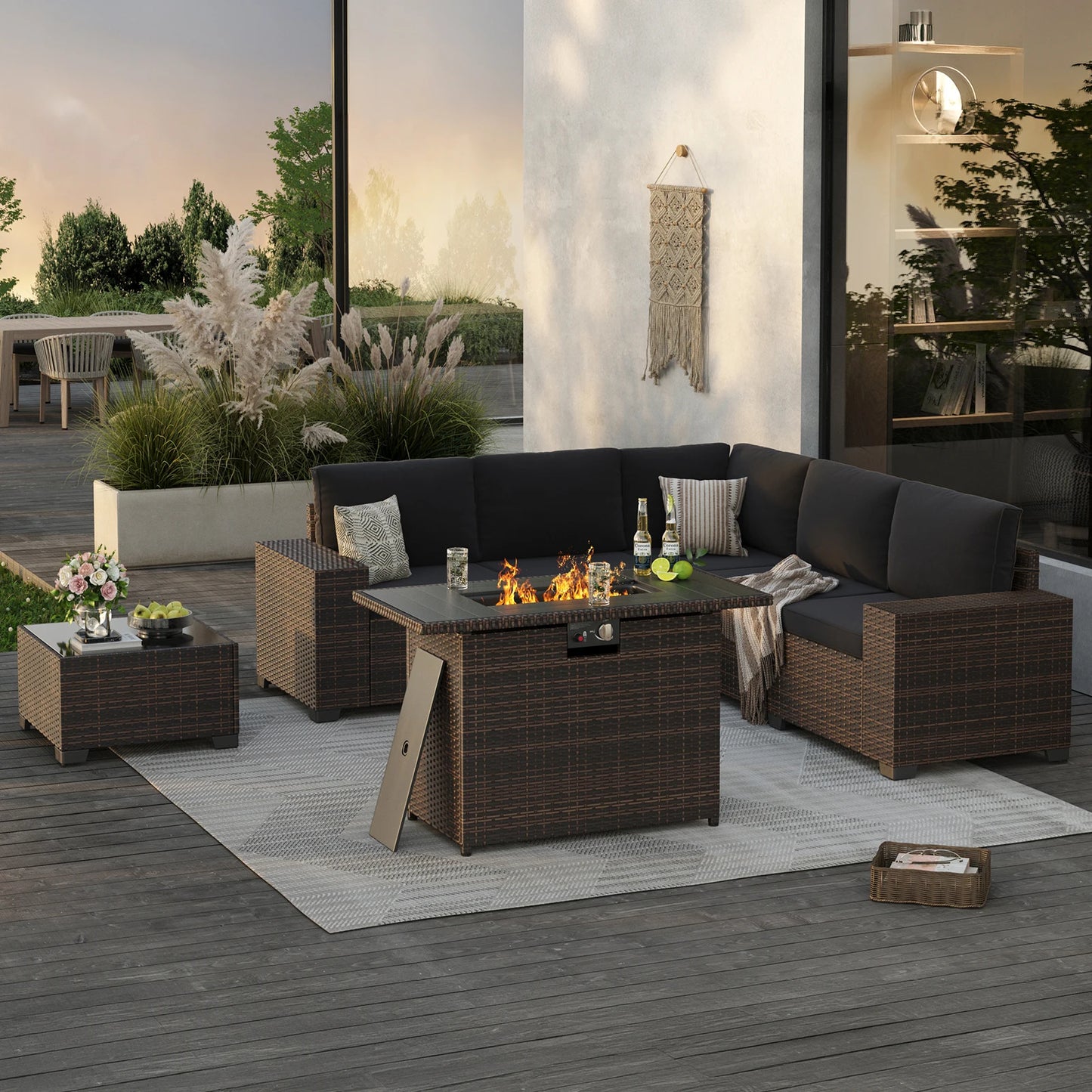 7 Piece Patio Sectional Furniture Set With 44 Inch Fire Pit Table Garden Rattan
