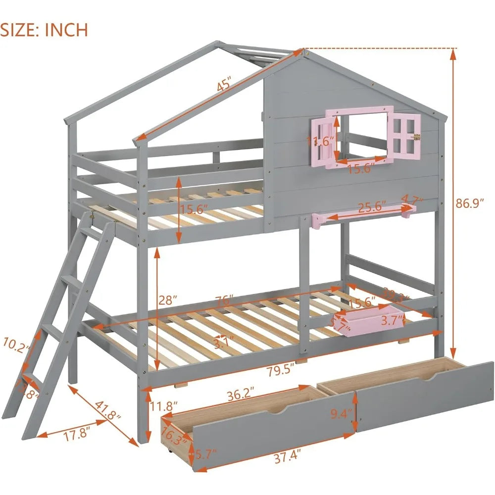 Twin Over Twin Bunk Bed with 2 Drawers, 1 Storage Box, 1 Shelf, Window and Roof, Wood Playhouse Bed Frame for Kids Boys Girls Te