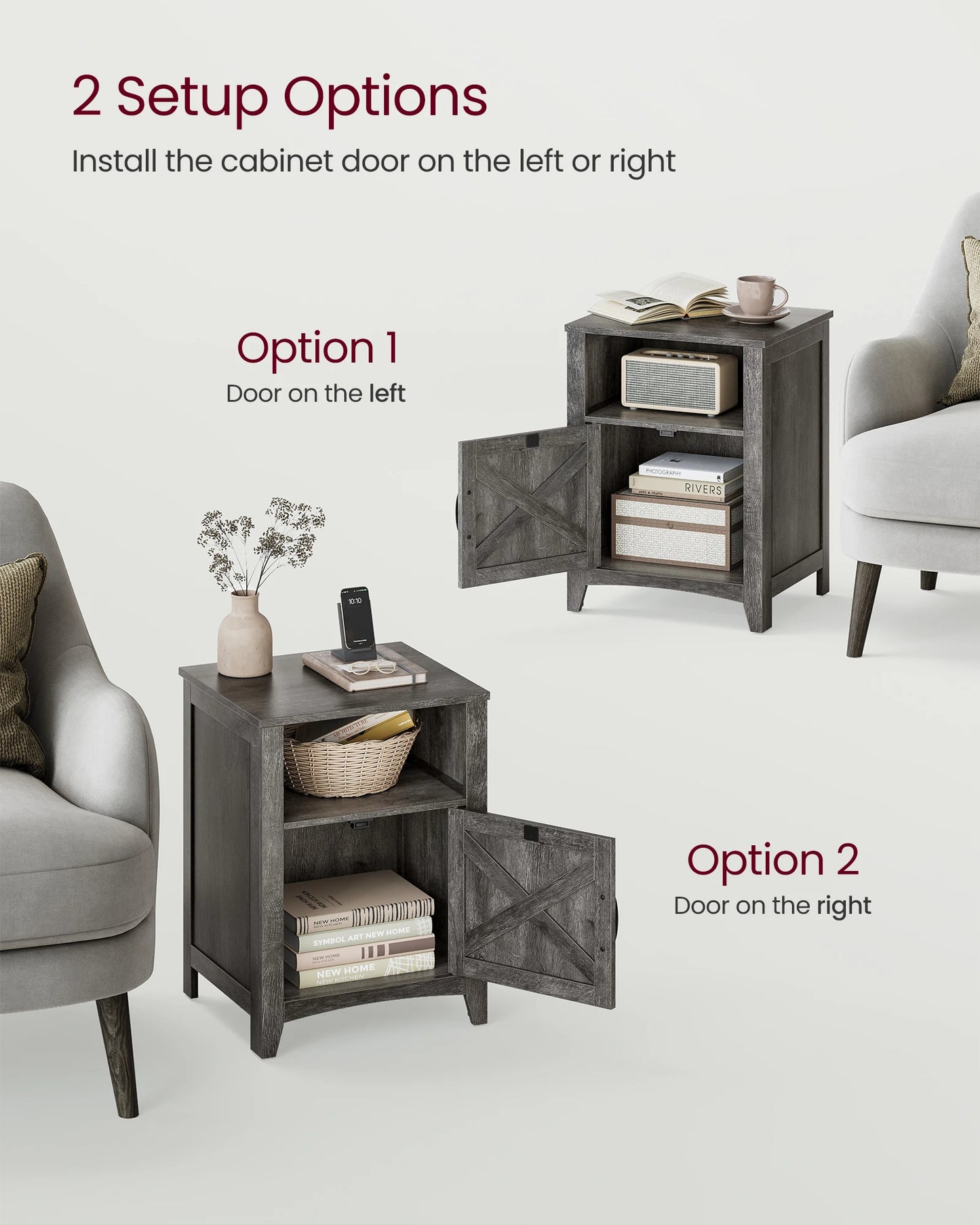 VASAGLE Farmhouse Nightstands With Barn Door Set Of 2