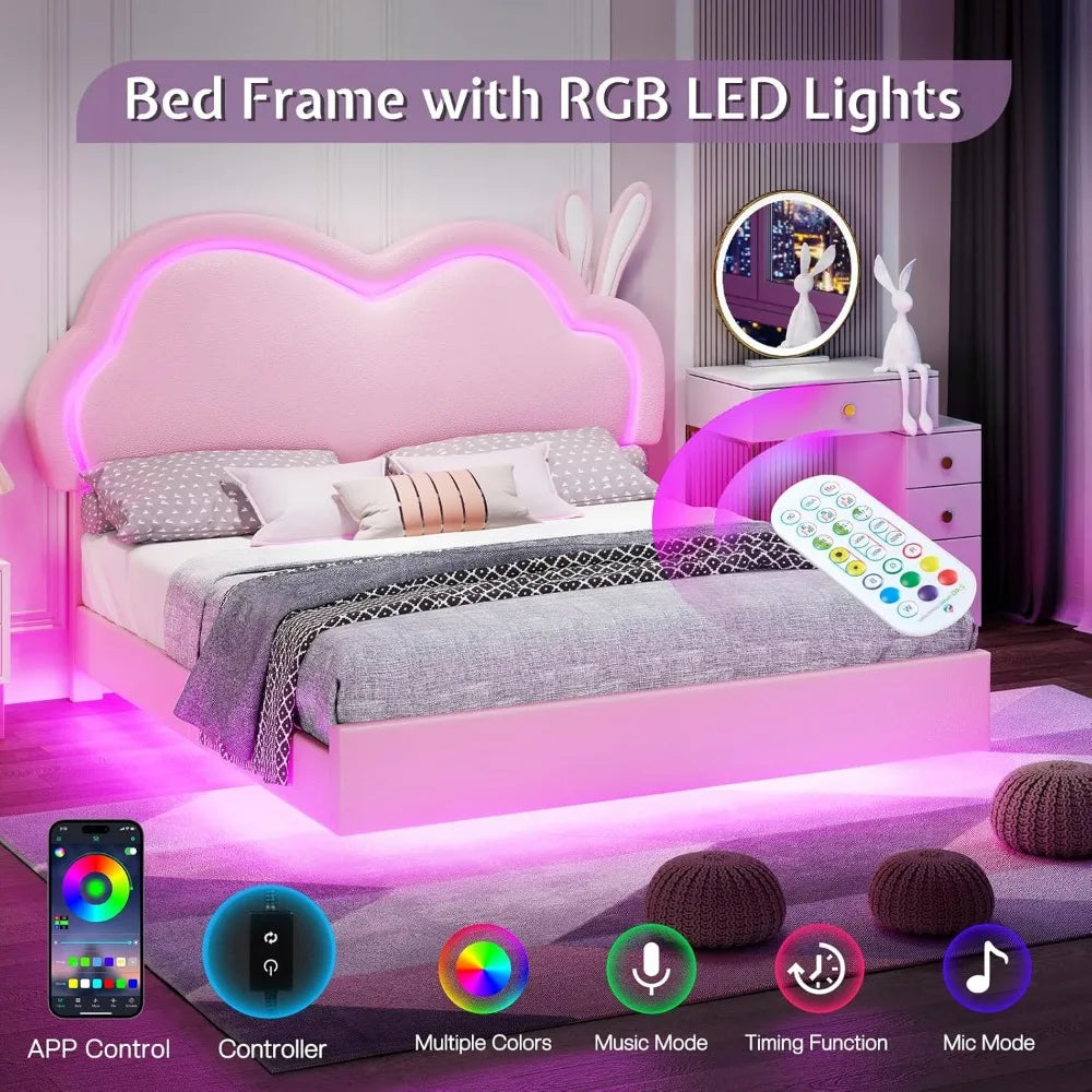 Jocisland Twin LED Bed Frame for Girls Upholstered Floating Bed with Cute Cloud Headboard, No Box Spring Needed, Leather, Pink