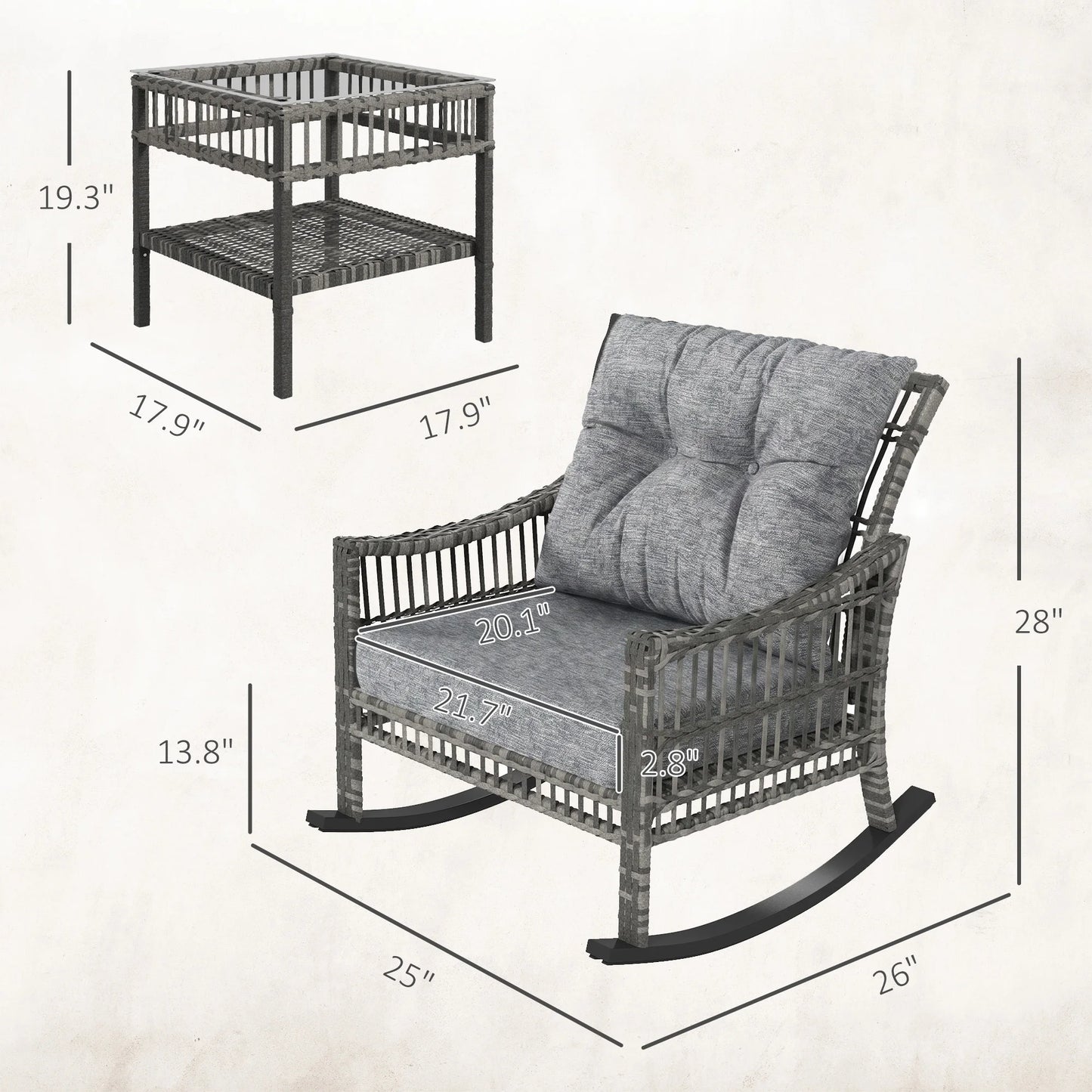 3 Piece Grey PE Rattan Outdoor Rocking Chair Set With Glass Table