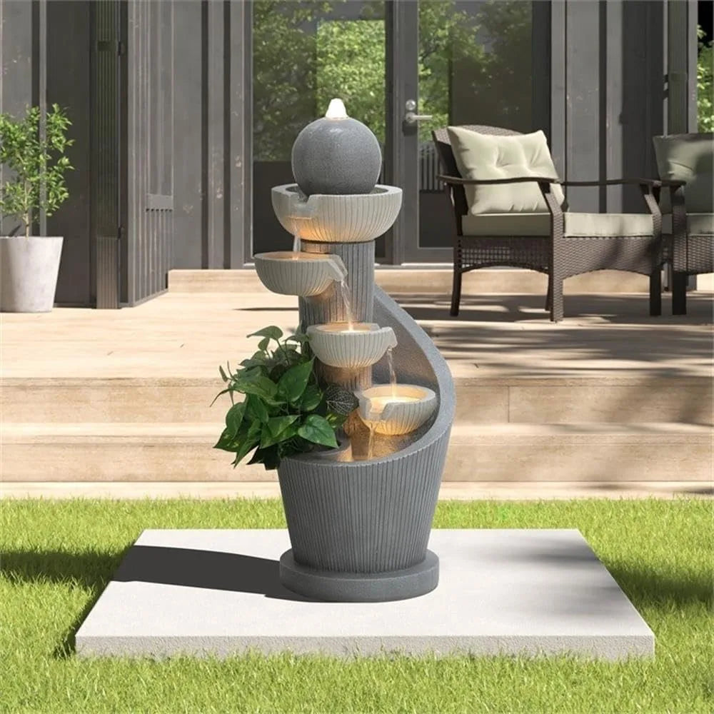 29 Inch Cascading Resin Water Fountain with LED Lights, Modern Indoor Garden Decor, Small Water Feature