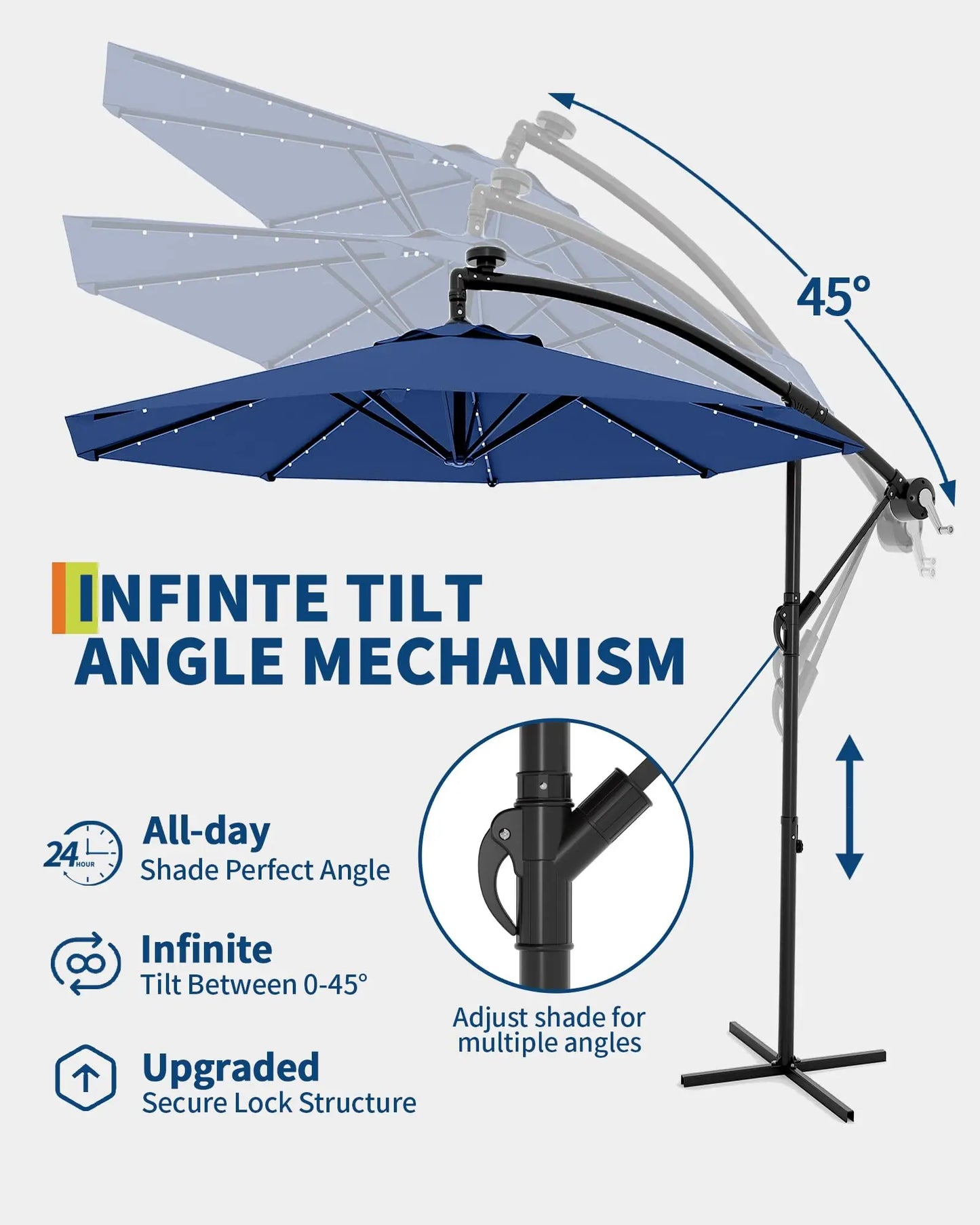 10Ft Cantilever Offset Patio Umbrella With Solar LED Lights