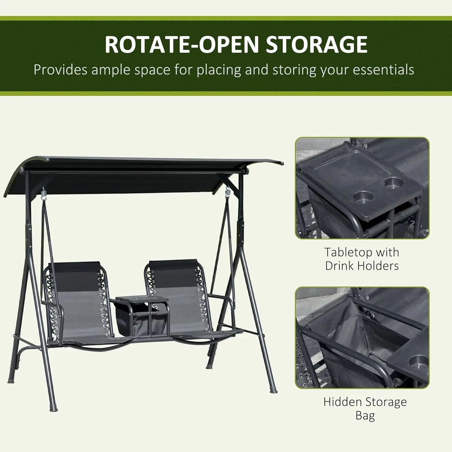 Two Seat Outdoor Patio Swing Chair With Canopy Glider Storage Table Cup Holder