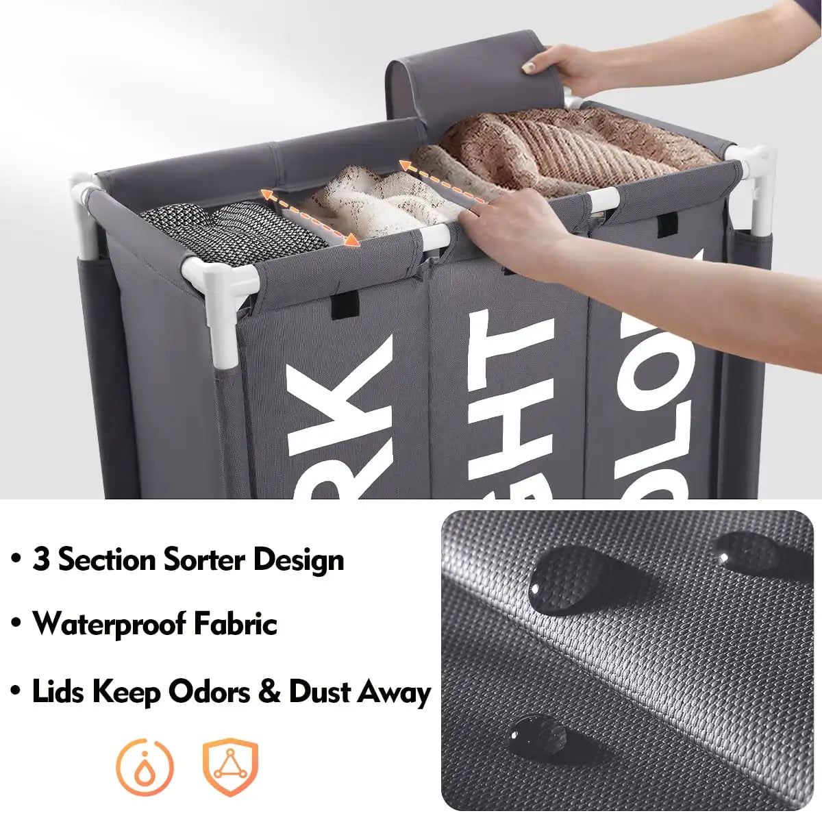 Wheeled Laundry Hamper with Lids 150L 3 Section Sorter Gray
