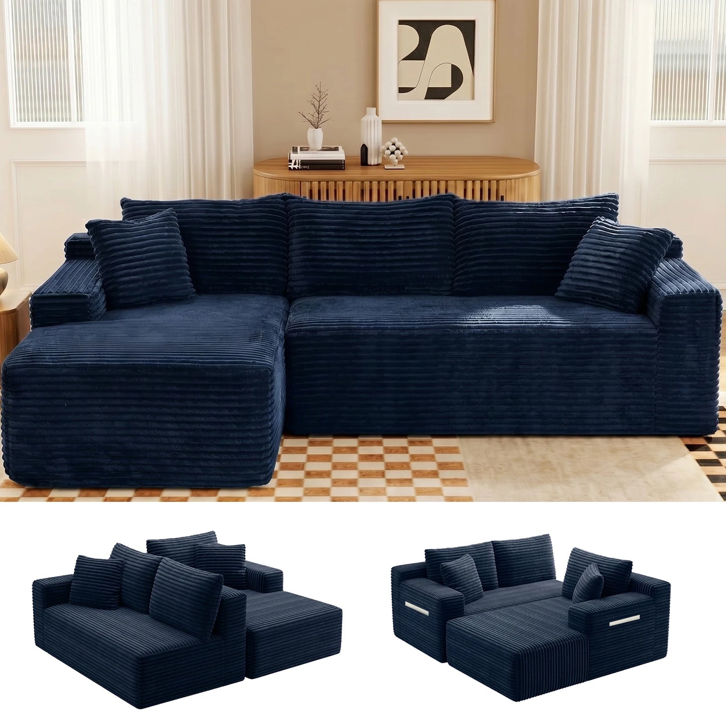 Modern Black Corduroy Modular Sectional Sofa With Deep L Shaped Chaise