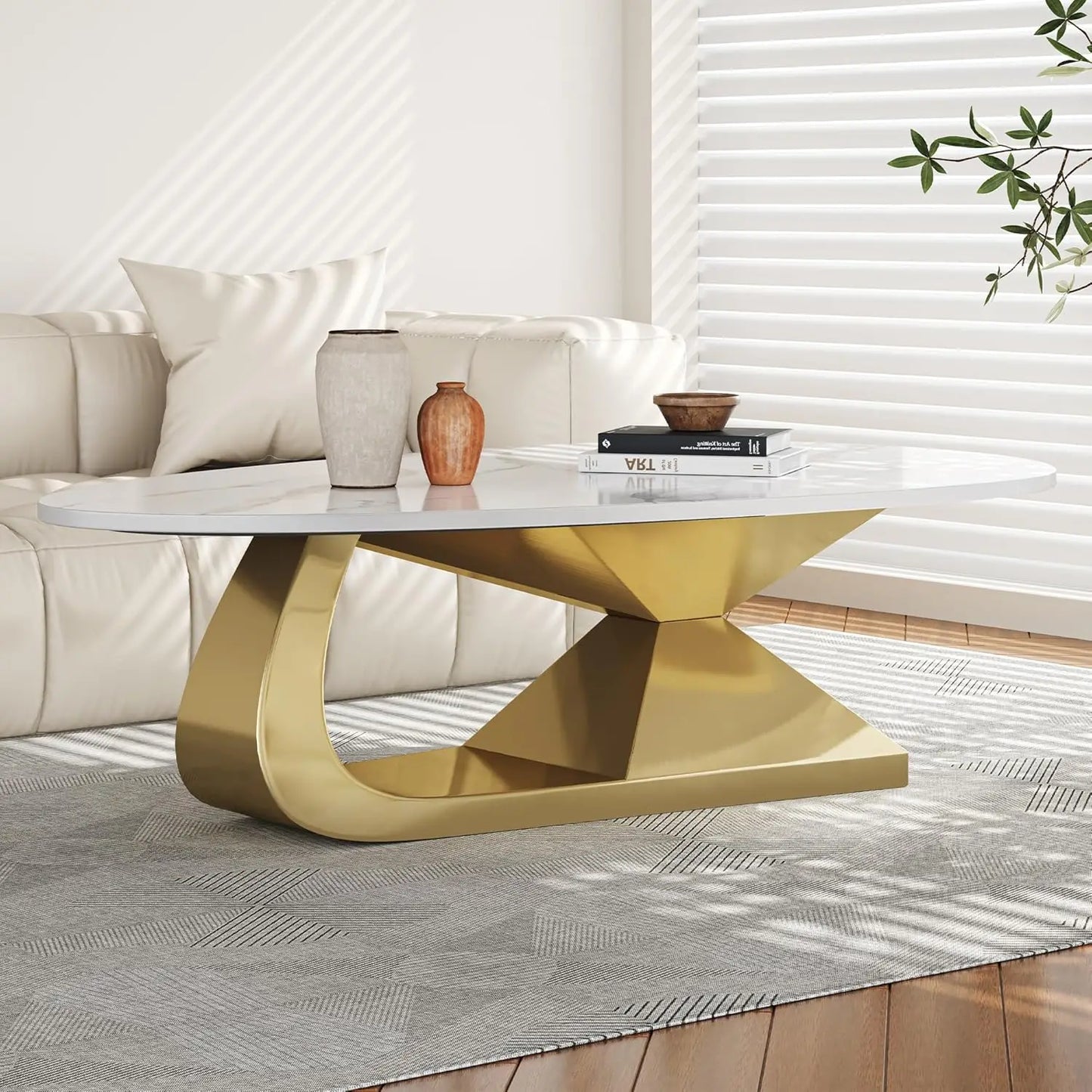 Modern Coffee Table With Silver Stainless Steel Pedestal Faux Marble Top