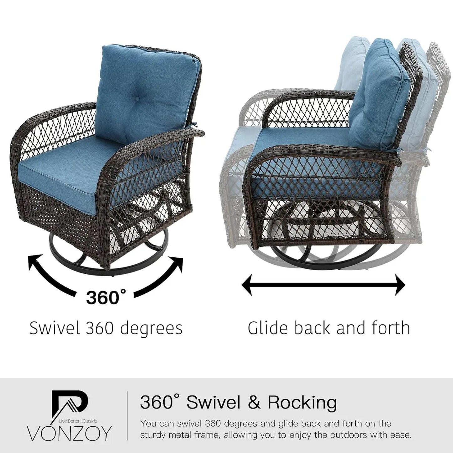 3 Piece Outdoor Patio Furniture Set Wicker Bistro Swivel Glider Rocker