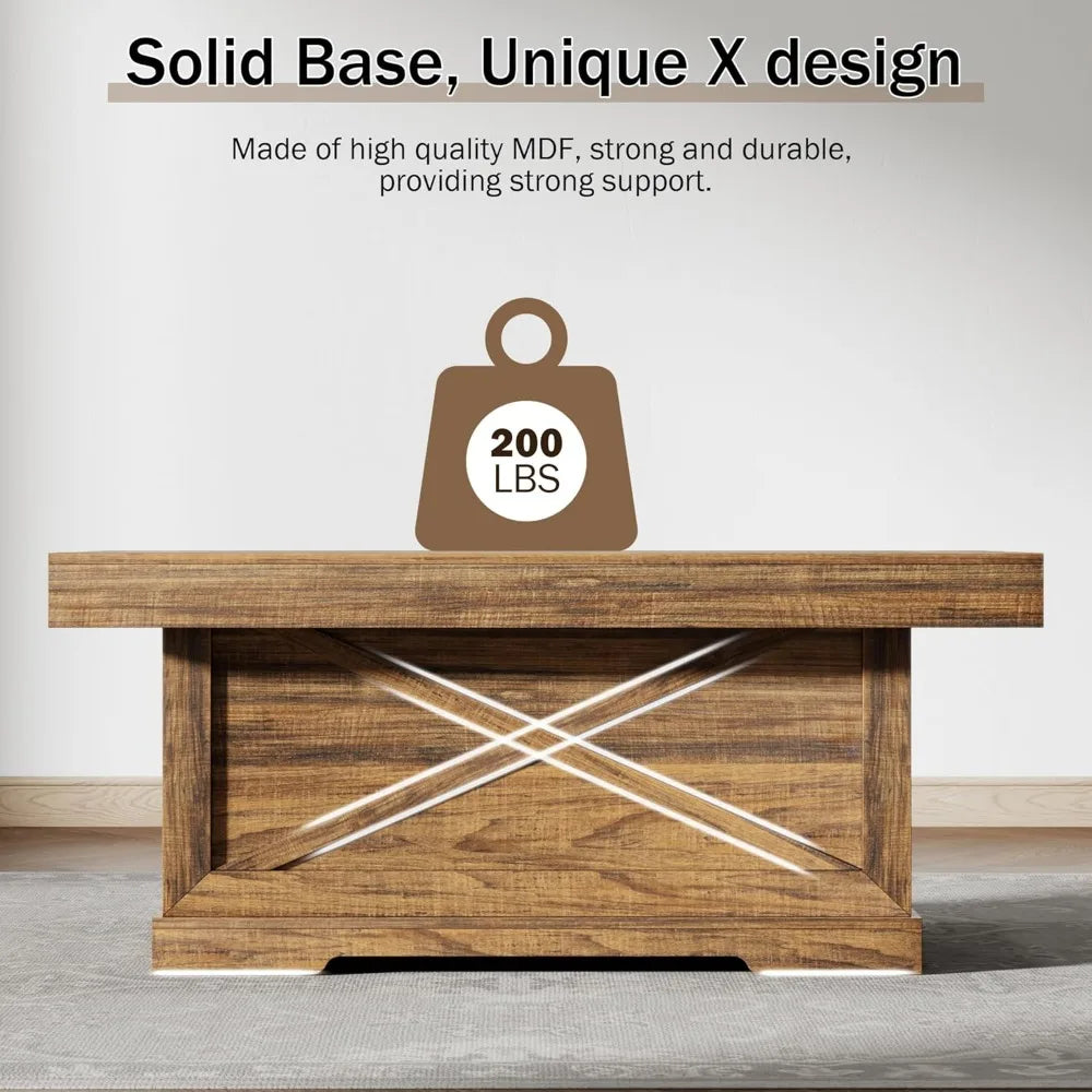 Rustic X-Design Wooden Pedestal Coffee Table for Living Room, Space-Saving Rectangle Home Furniture, Easy Assembly