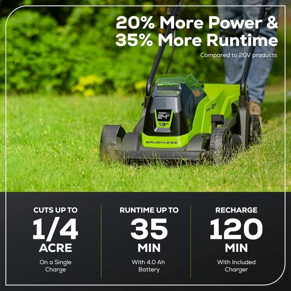 24V 13" Brushless Cordless (Push) Lawn Mower, 4.0Ah Battery and Charger Included,Walk-Bchind Lawn Mowers