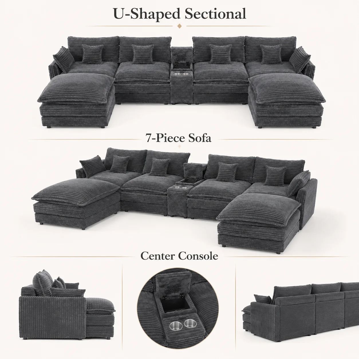 141 Inch 7 Piece U Shaped Sofa Set Modular Sectional With Console Coffee Table