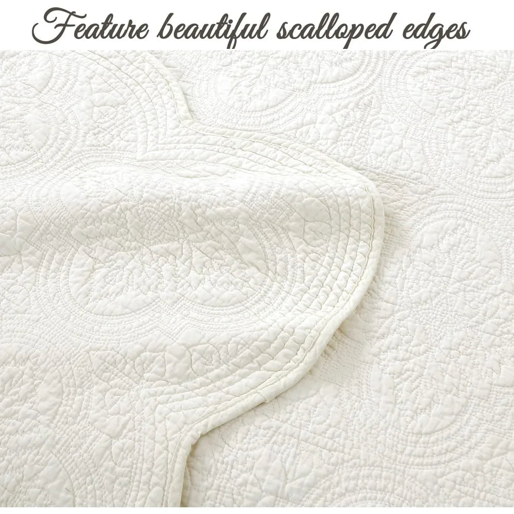 Off White Cotton Matelasse Embossed Quilt Set Reversible Lightweight Bedspread