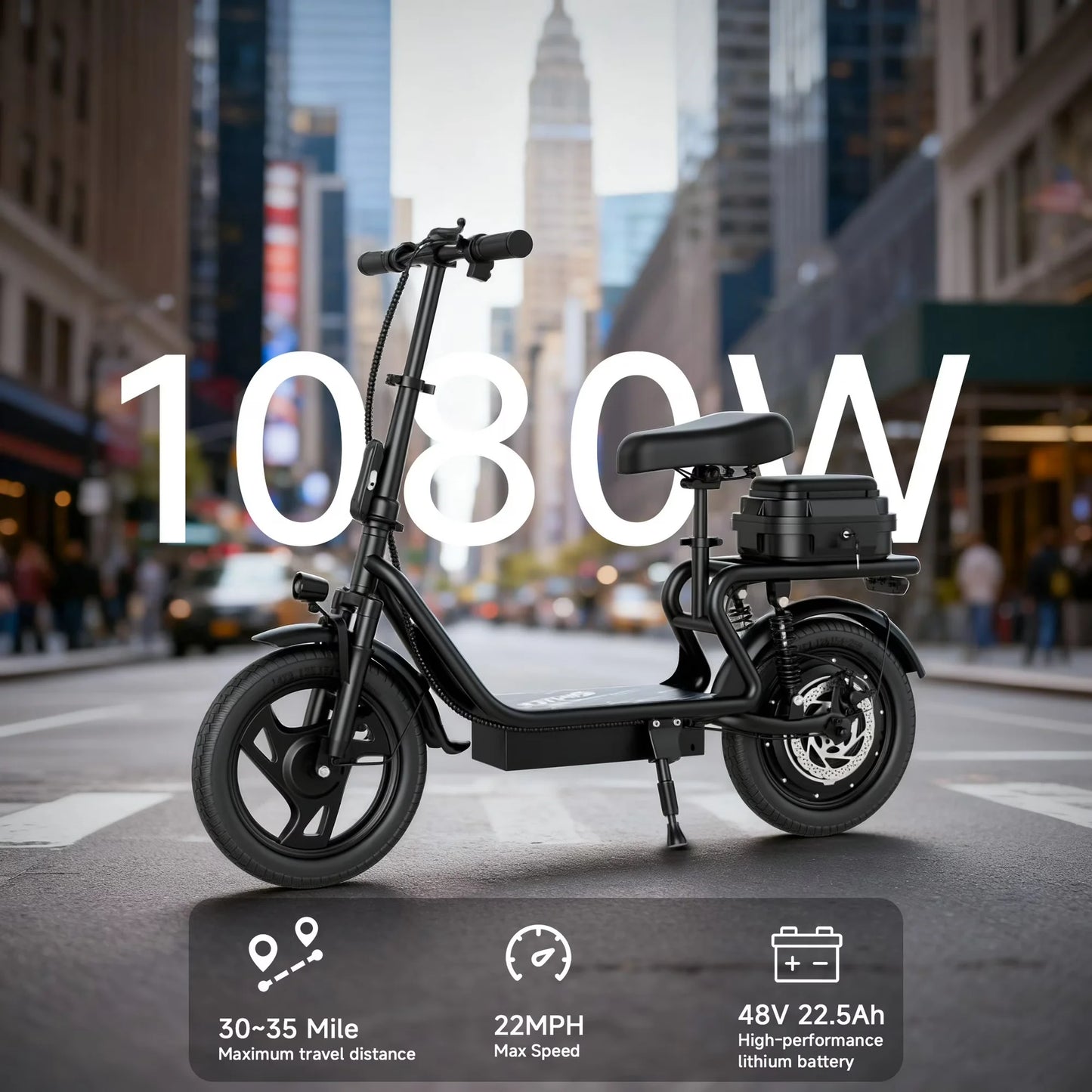 14 Inch Electric Scooter For Adults With Seat 22 MPH 48V Battery 55 Mile Range