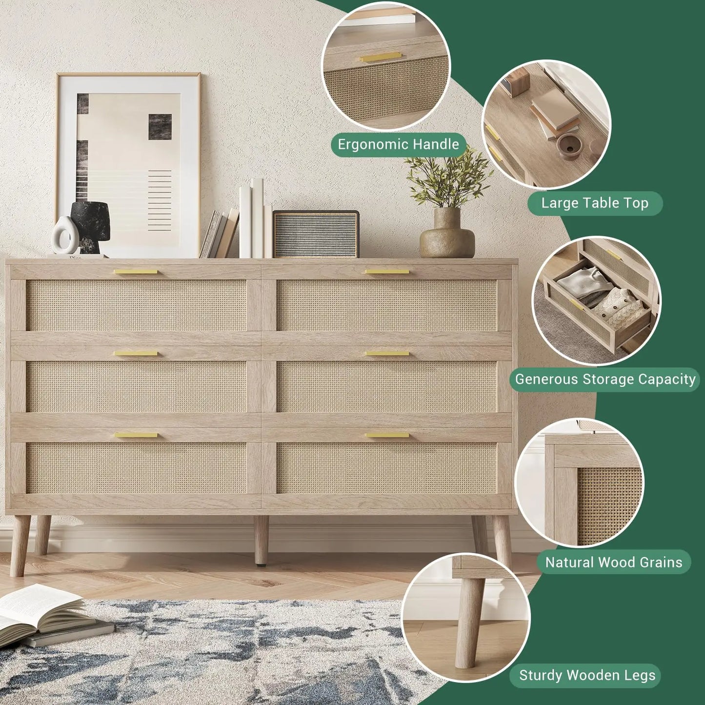 Rattan 6 Drawer Dresser Mid Century Modern Gold Handles For Bedroom Entryway