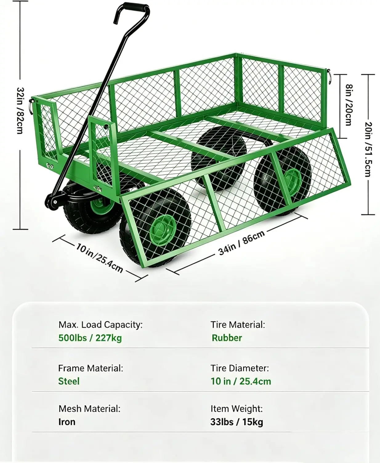 Heavy Duty Steel Garden Cart 500 Lbs Capacity 3 In 1 Wagon with 10 In Wheels