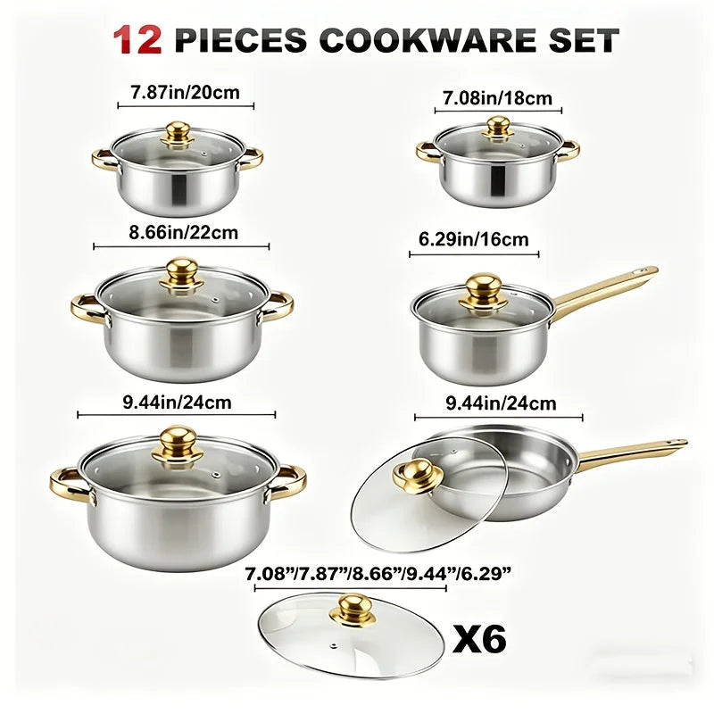 Stainless Steel Cookware Set 12 Piece Nonstick Fry Pan Stockpot Milk Pot Lid