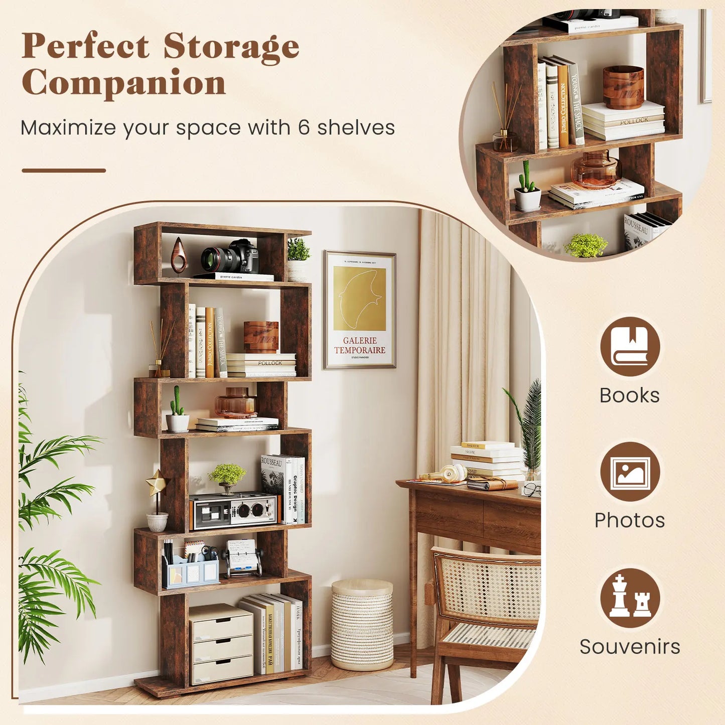 6 Tier S Shaped Geometric Storage Bookshelf With Anti Toppling Kits