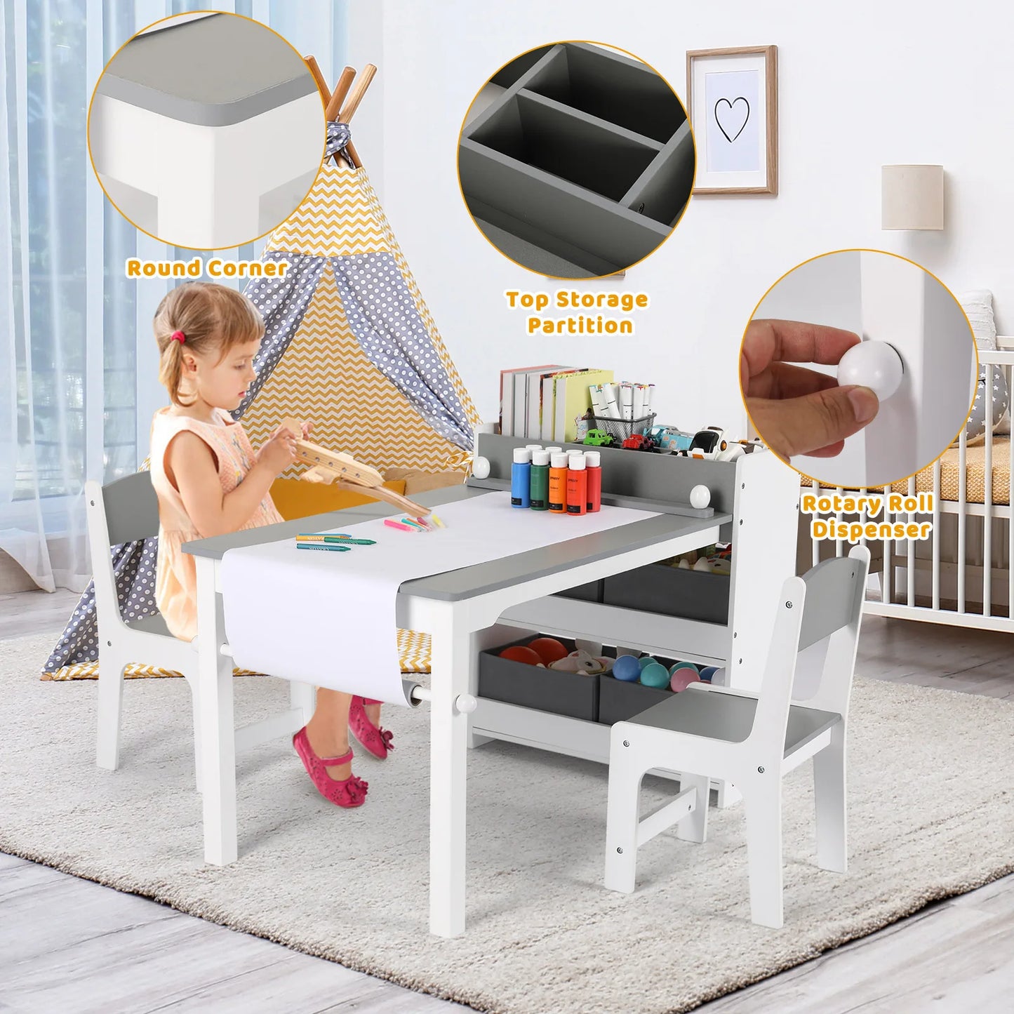 AuAg 2 in1 Children Table and Chair Art Table Wooden Children Play Activity Drawing Kids Wooden Craft Table with Storage Shelves