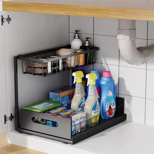 Double Layer Sliding Rail Under Sink Storage Rack For Bathroom And Kitchen