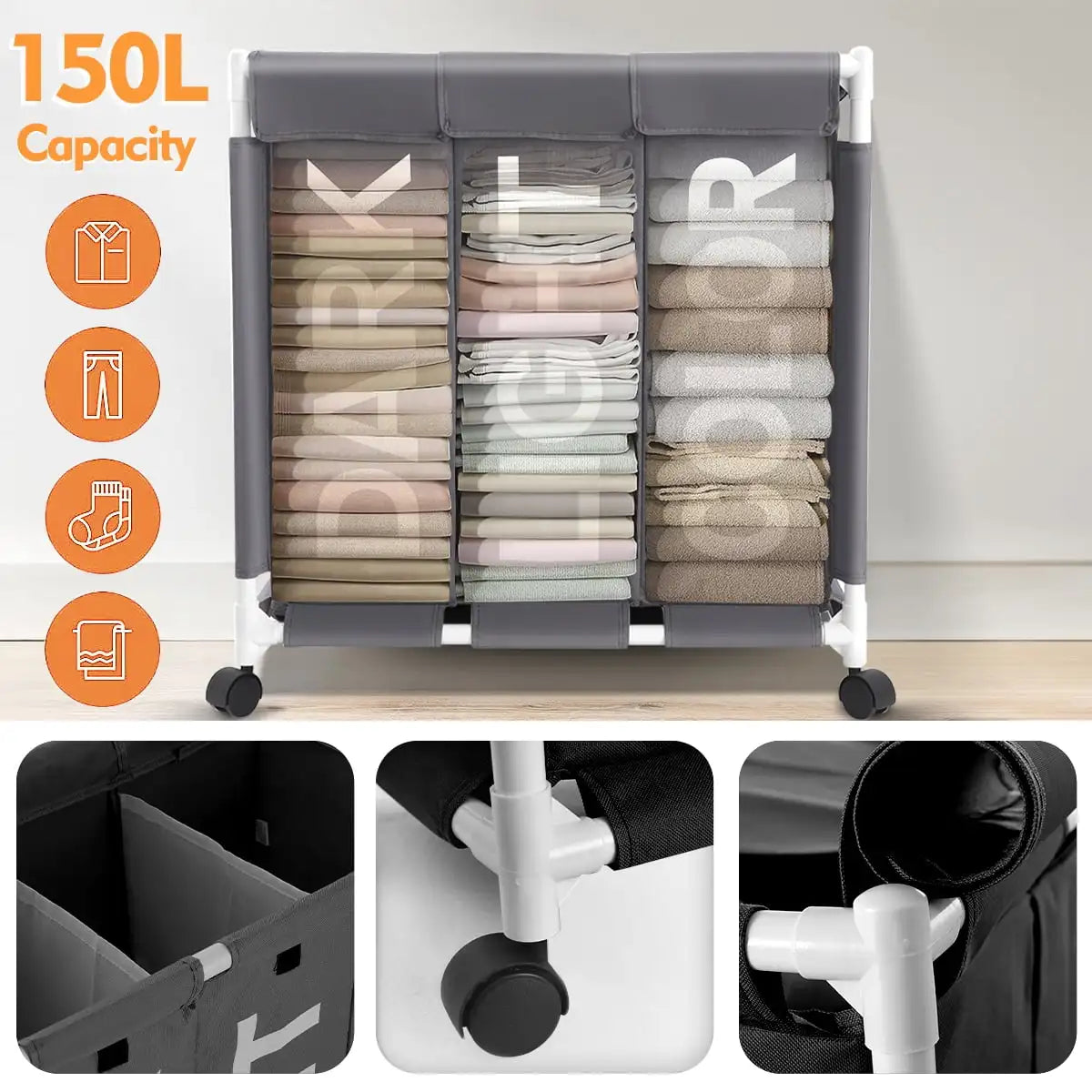 Wheeled Laundry Hamper with Lids 150L 3 Section Sorter Gray
