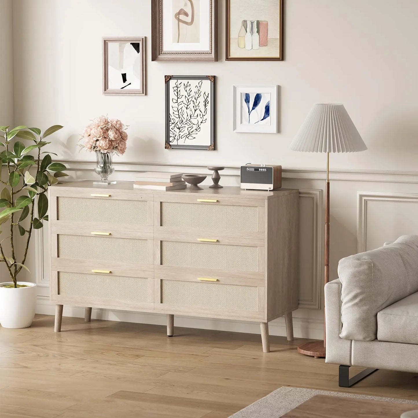 Rattan 6 Drawer Dresser Mid Century Modern Gold Handles For Bedroom Entryway