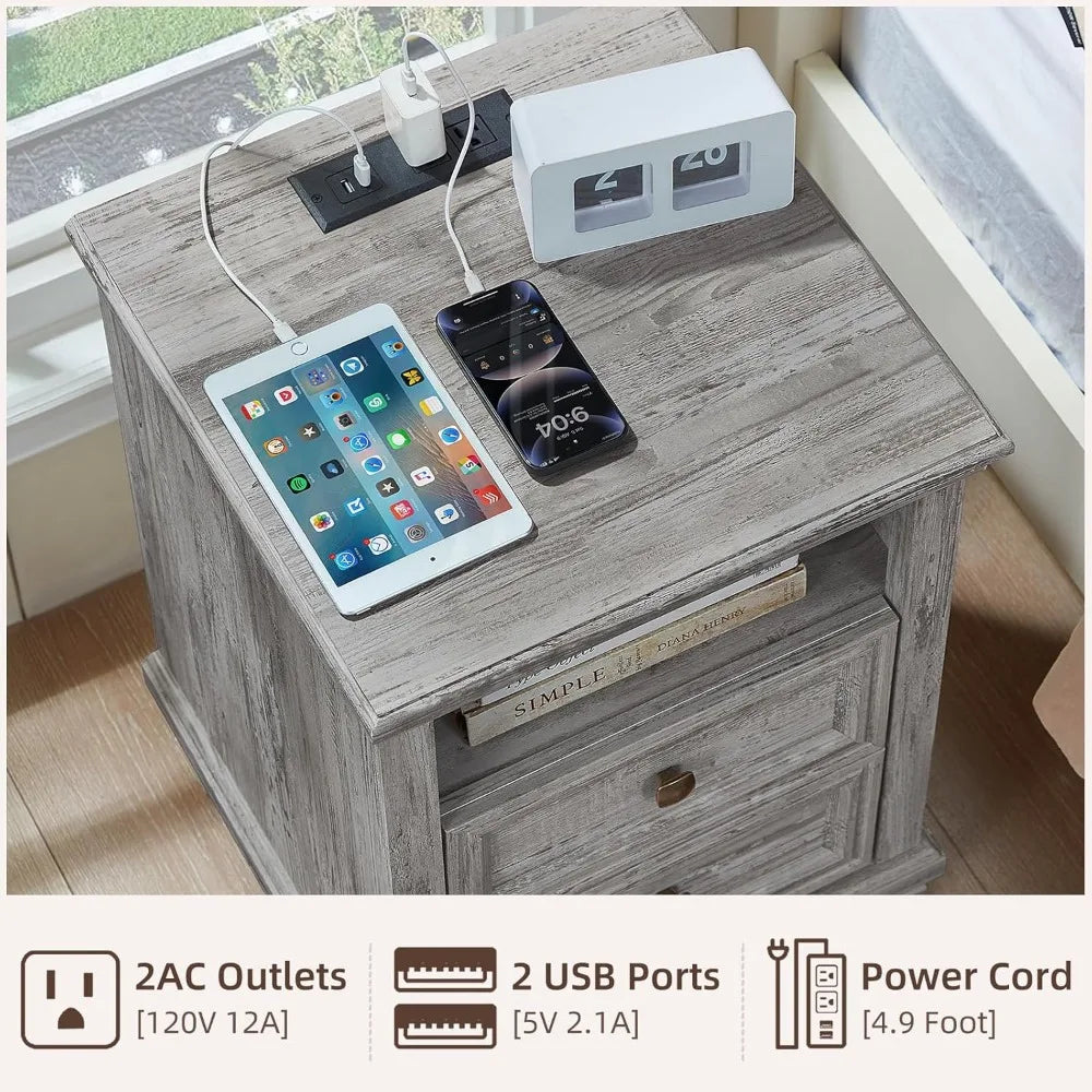Grey Farmhouse Nightstands Set of 2 with Charging Station