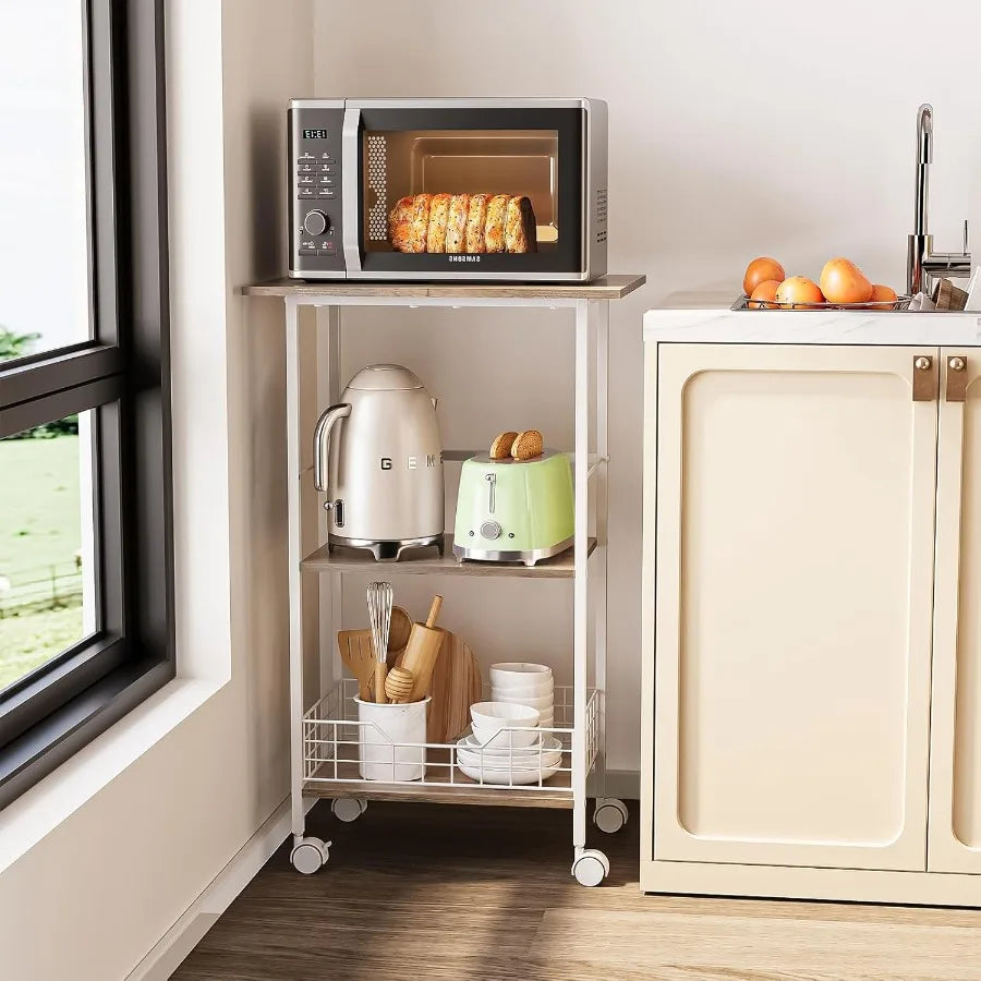 Three Tier Microwave Cart With Storage On Wheels Wood And Metal Kitchen Stand