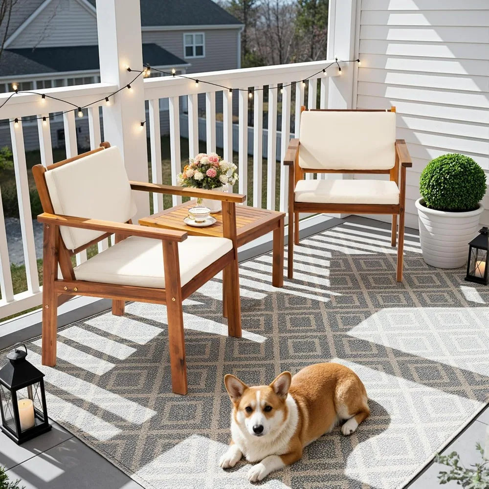 Flamaker 3 Piece Acacia Wood Patio Furniture Set With Coffee Table Cushions