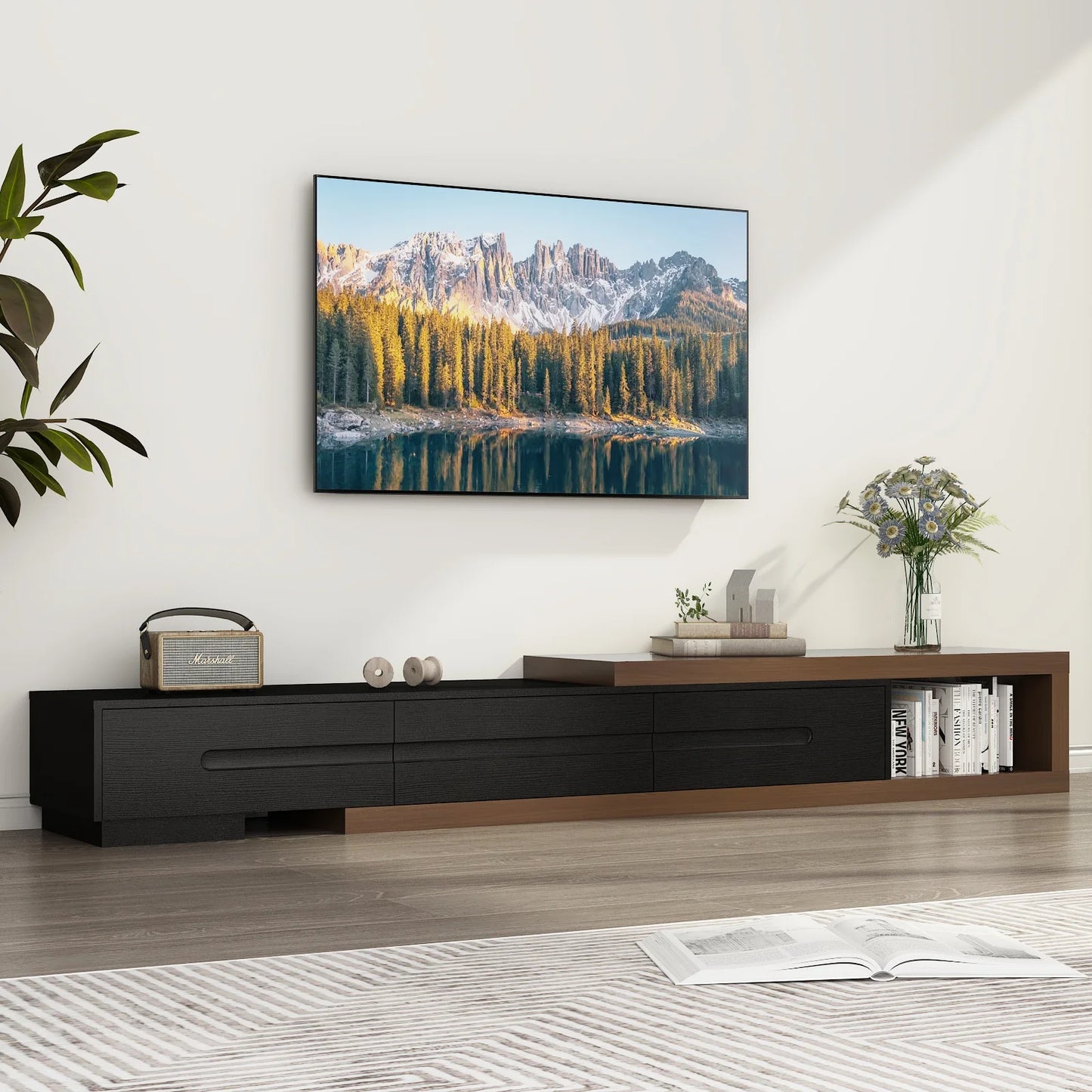 Extendable TV Stand for Up to 120"TV, 82-110'' Wood Reversible TV Media Console w/3 Drawers & Open Storage Shelf for Living Room
