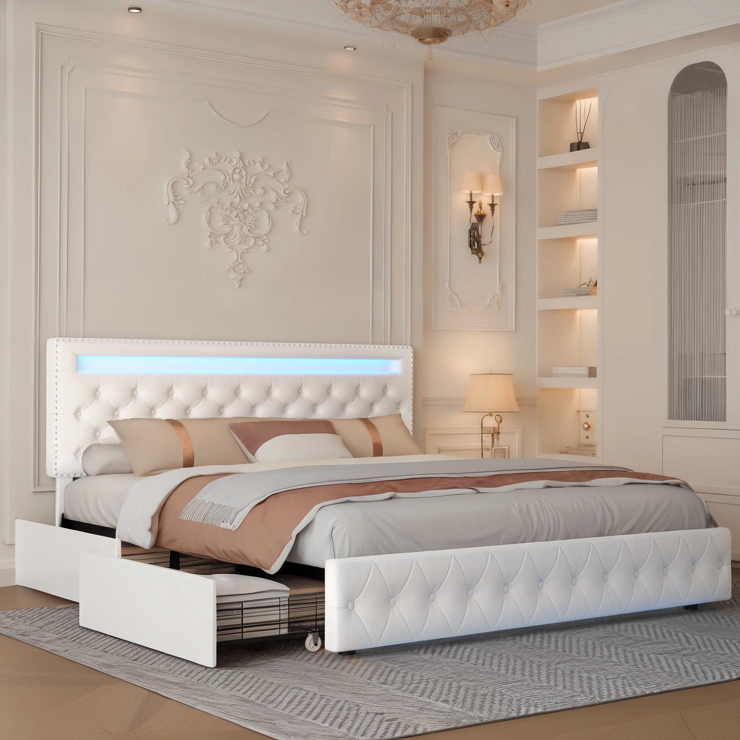 GEGOFORU Full Size LED Bed Frame Storage Drawers RGBW Lights PU Velvet