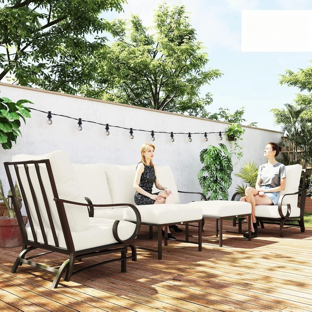 5 Piece Outdoor Patio Furniture Set 2 Rocking Chairs 3 Seat Sofa 2 Ottomans
