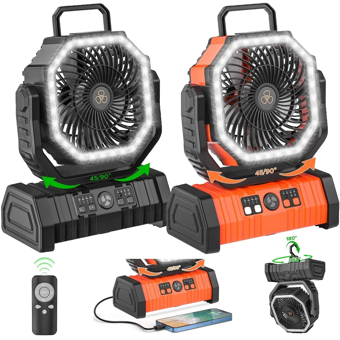 Camping Fan 20000mAh Battery Powered Fan Rechargeable with LED Light Portable Outdoor Tent Fan with Hanging Hook