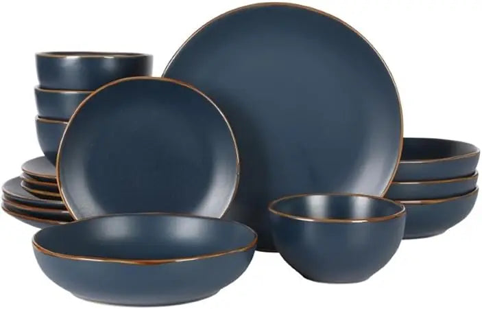 Hazeltine 16 Piece Stoneware Ceramic Dinnerware Set Navy Blue Plates And Bowls