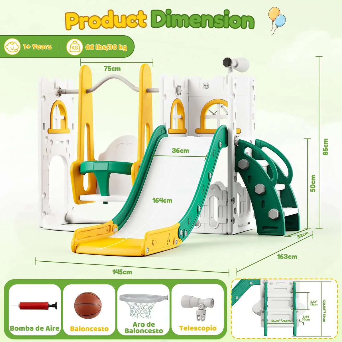 7 in 1 Toddler Slide And Swing Set Indoor Outdoor Kids Playground Climber Basketball Hoop Telescope Castle Playhouse For Ages 1+