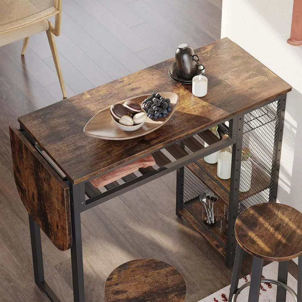 bar table and chair set, expandable dining table with 2 bar stools, industrial kitchen counter with wine rack & 3 tier adjustab